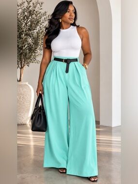 Wide-Leg High-Waist Pants in Mint Green